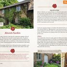 **Text links:** „Alnwick Garden bezaubert Groß und Klein.“

**Titel:** Alnwick Garden

**Text rechts oben:** Musterlayout

**Abschnitt-Titel:** HALLOW & CRUX

**Hinweis:** Tipp-Logo

**Absatz:** Beschreibung eines Hotels nahe Alnwick Castle.

**Link:** www.hallow-and-crux.co.uk

**Info-Logo:** Info

**Abschnitt:** Liliorei

**Hinweis:** Bildunterschrift sagt: „Zu jeder Jahreszeit verändert der Garten sein Gesicht.“