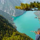 Ein Mann sitzt auf einem Felsen, blickt auf einen türkisfarbenen Fluss, umgeben von grünen bewaldeten Bergen.