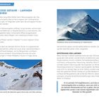 **Die weiße Gefahr – Lawinen verstehen.** Windfahnen weisen auf Triebschnee hin. Nassschneelawinen sind typisch. Texte erläutern Lawinenentstehung, Skitouren und Sicherheitsregeln. Zwei Bergfotos.
