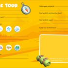 Ein gelb-oranges Formular mit Fragen zur Tour: Wohin, Wann, Wetter, Entdeckungen. Mit Icons für Wetter und Pausenorte.