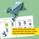 „DANK DETAILBILDERN UND FALTSKIZZEN GELINGT JEDES TIER IM HANDUMDREHEN“ steht auf gelbem Hintergrund. Oben Origami-Frosch.