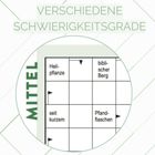 Text "VERSCHIEDENE SCHWIERIGKEITSGRADE". Rechts ein Ausschnitt eines Kreuzworträtsels mit Wörtern wie "Heilpflanze".