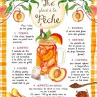Rezept für "Thé glacé à la Pêche" mit illustrierten Pfirsichen und Eistee im Glas mit Röhrchen, umrahmt von Blättern.
