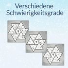 Text: "Verschiedene Schwierigkeitsgrade". Drei Sudoku-Puzzles mit Zahlen in Dreiecken, jeweils mit "leicht", "mittel", "schwer".