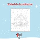 "Winterliche Ausmalmotive" steht oben. Darunter eine Ausmalvorlage mit Vögeln auf einem Vogelhaus, schneebedeckt.