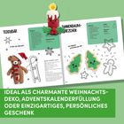 "Ideal als charmante Weihnachtsdeko, Adventskalenderfüllung oder einzigartiges, persönliches Geschenk."  
Illustration mit gehäkelten Figuren: Teddybär und Tannenbaumlätzchen.