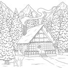 Eine winterliche Hütte mit rauchendem Schornstein, umgeben von Tannen, Bergen, einem Hirsch und einem Schneemann.