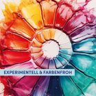 "EXPERIMENTELL & FARBENFROH" in blauer Schrift auf einem farbenfrohen, abstrakten Gemälde mit kreisförmiger Anordnung.