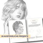 "20 AUSFÜHRLICHE PROJEKTE", "PROJEKT 6", "ÄLTERE FRAU IM PROFIL". Skizzen von Frauenportraits in Bleistifttechnik.