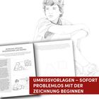"UMRISSVORLAGEN – SOFORT PROBLEMLOS MIT DER ZEICHNUNG BEGINNEN." Junger Junge in nachdenklicher Pose gezeichnet.