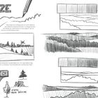 "SKIZZE" oben links. "EINFACHE SCHRAFFUR" oben rechts. "KREUZ SCHRAFFUR" in der Mitte rechts. Verschiedene Landschaftsskizzen.