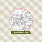 Viele verspielte Details: Eine Illustration von Menschen und einem Hund auf einem Weihnachtsmarkt mit Ständen und Tannenbäumen.