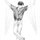 Eine Illustration eines Mannes in Tanzpose mit ausgestreckten Armen, gekleidet in Hemd und Hose.