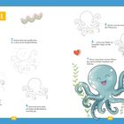 Anleitung zum Zeichnen eines Oktopus, Schritt für Schritt, mit einem lächelnden, blauen Oktopus am Ende.