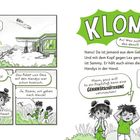 Texte: "Hier soll ein Alien landen?" "Rascheln." "Klong!" "Mann, pass auf!" Zwei Kinder im Freien, ein drittes stößt dazu.