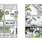 Eine Comic-Geschichte mit Robotern und Kindern. Text: „Stehen bleiben, ihr frechen Kinder!“ und „Weg hier!!!“, Kinder rennen.