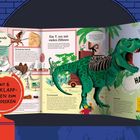 „Mit 6 Ausklappseiten zum Entdecken.“ Illustration: Dinosaurier, Skelett und Menschen in einer Museumsumgebung.
