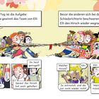 Text über Tauziehen. Kinder ziehen Seil, rechterseits ein Hirsch. Unten diskutieren Kinder, jemand ruft "Elli!". Comic-Stil.