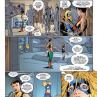 Comic mit Dialogen zwischen Superheldinnen im JLA-Wachturm. Kendra und Star-Spangled Kid besprechen Teleportation zu Thanksgiving.