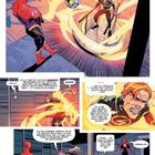 Mehrere Figuren in rot-schwarzen Anzügen spielen mit einem energiegeladenen Ball. Dialoge über Taktik und Sarkasmus.