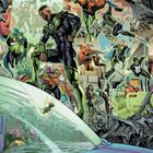 Sprechblase: "Kanjar Ro ... im Namen des Green-Lantern-Corps bist du hiermit festgenommen." Superhelden und Aliens agieren dynamisch.