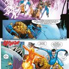 Illustration: Figuren in blauen Anzügen kämpfen gegen riesige Monster; Text und Soundeffekte zeigen Dialog und Geräusche.