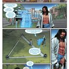 Comic-Seite mit einem Mann in einem Raum. Er trägt einen Kimono, interagiert mit einem holografischen Bild und besitzt ein ungewöhnliches Bein.