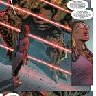 Dialog zwischen einem Menschen und einem großen, monströsen Wesen hinter roten Lasern. Atmosphärische, dramatische Szene.