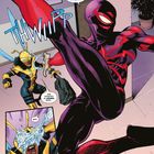 Comicstil: Spider-Man kämpft mit einer Figur in gelb-schwarzem Anzug, benutzt Netz. Sprechblasen zeigen Dialog.