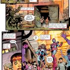 Comic-Szene: Zwei Jugendliche entdecken einen Eingang. Eine Gruppe staunt über zwei fliegende Figuren in futuristischen Anzügen.