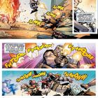 Comic-Panel mit Explosionen, Kämpfen und einem Mann mit futuristischen Waffen. Lautmalereien wie "FHTOOM" und "ZRAKKK".