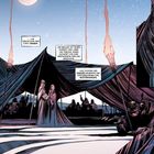 Texte beschreiben die Geschichte von Erhem, in der eine Hochzeit zwei zerstrittene Familien vereint. Vollmond über Zelten.