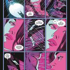 Comic mit neun Panels, zeigt eine Unterhaltung zwischen zwei Personen im Auto bei Regen, in kräftigen Pink- und Blautönen.