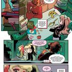 Comic-Seite mit mehreren Panels. Personen diskutieren Junk Food und Gemeinschaftsdienst. Bunte, lebendige Zeichnungen.