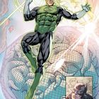 Illustration eines Mannes in grüner Uniform, der lächelt und fliegt. Er spricht zu einem maskierten Charakter neben ihm.