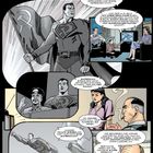 Comic mit Superman im sowjetischen Kontext. Flugzeuge, Landflagge mit Hammer und Sichel. Gespräch über Supermacht.