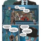 Comic mit zwei Männern im Gespräch, einer trägt einen Anzug und Hut, es sind auch weitere Figuren im Hintergrund zu sehen.