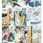 Ein Comic zeigt Spider-Man im Kampf. Text enthält Geräusche wie "WHUNK" und "SPLAAT". Dialoge handeln von Spinnensinn und Konflikten.