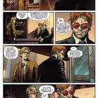 Comic-Stil-Szenen mit zwei Männern im Anzug; einer trägt rot getönte Brille. Bürointerieur sichtbar. Dialoge über einen Fall.