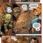Eine Comicseite: Verschiedene Figuren, ein grüner, koboldartiger Charakter im Dialog mit anderen, in einer hölzernen Umgebung.