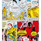 Ein Comic mit gelben Anzügen tragenden Charakteren in einem Labor. Plötzlich erscheint ein riesiges, bedrohliches, rotes Wesen namens Brimstone.