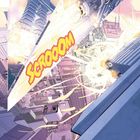 Zwei Textfelder: Eine Stadt mit futuristischen Gebäuden fliegt in den Himmel. Explosion und das Geräusch "SCROOOM".