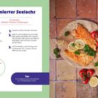 „Panierter Seelachs“ Rezept, Zubereitungsschritte, Zutatenliste. Rechts ist ein Holzbrett mit Fisch, Zitronen und Tomaten.