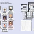 Titel: "41. Der Schwarze Lotus". Notizen von Personen, Grundrisse eines Hauses mit Räumen wie Schlafzimmer, Küche, Wohnzimmer.