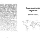 Zwei Seiten aus einem Buch enthalten Texte über Reisen und Jonglieren. Rechts oben steht: "Afghanistan – Südafrika". Darunter eine Weltkarte mit markierten Punkten.