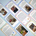 Hier sind Karten mit Titeln: "Das Geld sparen", "Die Kinder...", "Pause mit Kindern". Fotos zeigen Alltagsszenen mit Kindern.