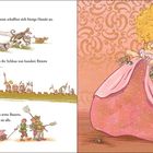 "Manche Prinzen schafften sich bissige Hunde an. Einige ließen ihr Schloss von hundert Rittern bewachen..."  
Links: Illustrationen von Rittern und Bauern. Rechts: Eine Frau im rosa Kleid mit aufwendiger Frisur.