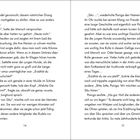 Seite 14 und 15 eines Buches. Dialoge zwischen Menschen und Huskys über Geschichten und Träume in einer winterlichen Umgebung.