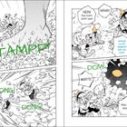 "STAMPF!", "MAMA!", "NEIN!", "Schnell zu ihr!", Figuren rennen erschrocken, großer Fuß, Augen im Rauch, Comic-Stil.