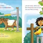 Ein großes Pony springt über ein Hindernis. Jule denkt, ob sie mutig ist. Ein Mädchen hält einen Helm.